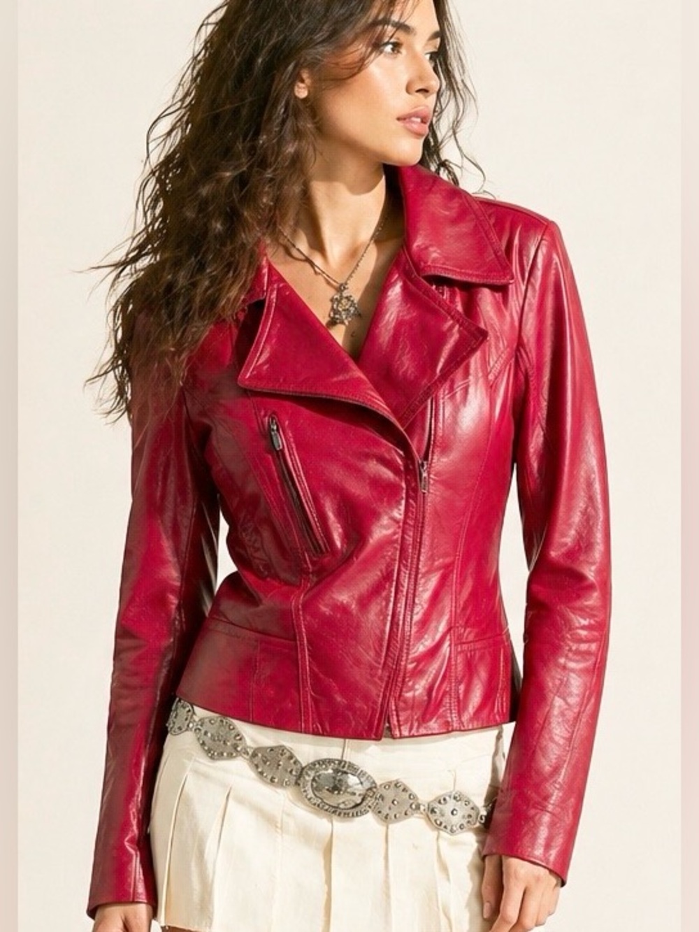 Y2K Moto Perfecto Asymmetrical Zip Red Leather Jacket Intuition Paris Size 4